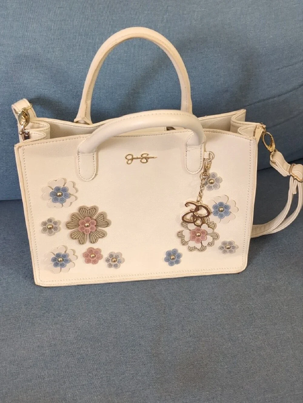 Jessica Simpson Cream Floral Applique Satchel with Gold Charm